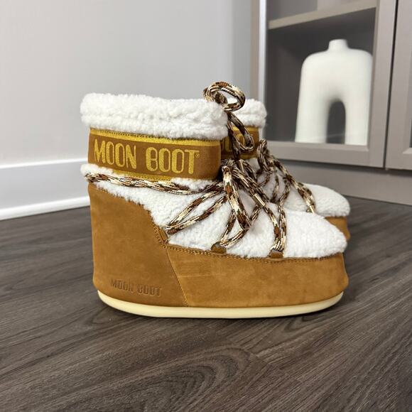 Moon Boot Shoes - Moon Boot Icon Low Shearling Trim Wool 42/44 NEW Whiskey Brown Ivory Booties